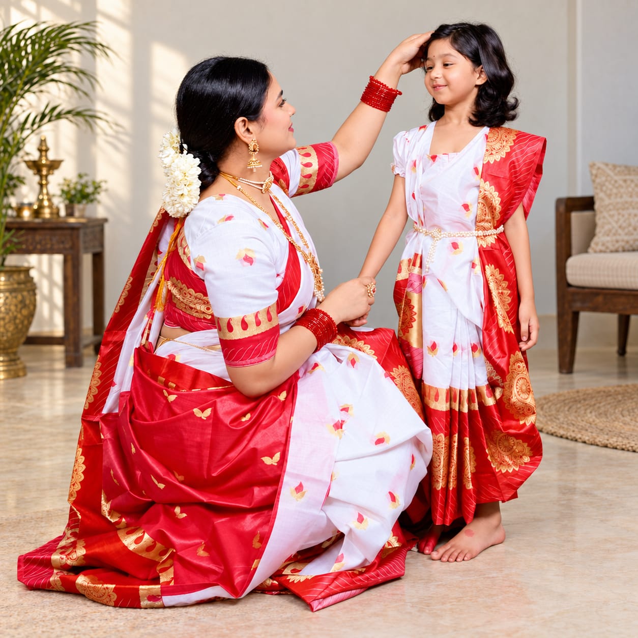 মা-মেয়ে ( লাল সাদা কাতান সিল্ক )